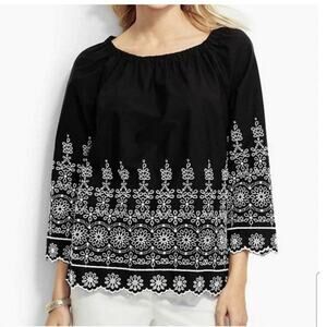 Talbots Petites Black Embroidered Peasant Top Blouse Boho Floral 3/4 Sleeve MP